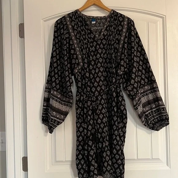 Old Navy boho Floral-Print Split-Neck Swing Blouson Sleeve Dress M - Picture 2 of 8